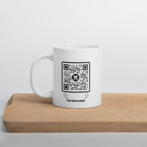 Billy Billmaier Rock Radio – Weiße, glänzende Tasse mit QR Code